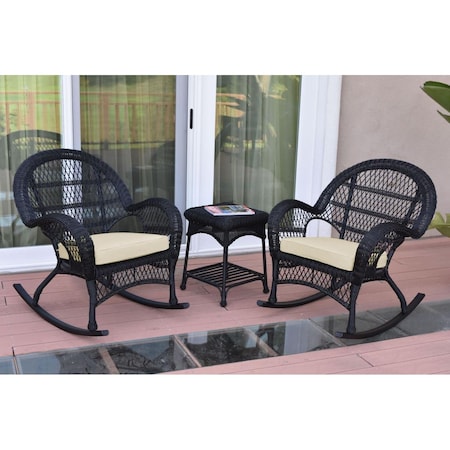 Jeco W00211-2-RCES001 Santa Maria Black Rocker Wicker Chair Set, Ivory Cushions - 3 Piece W00211_2-RCES001